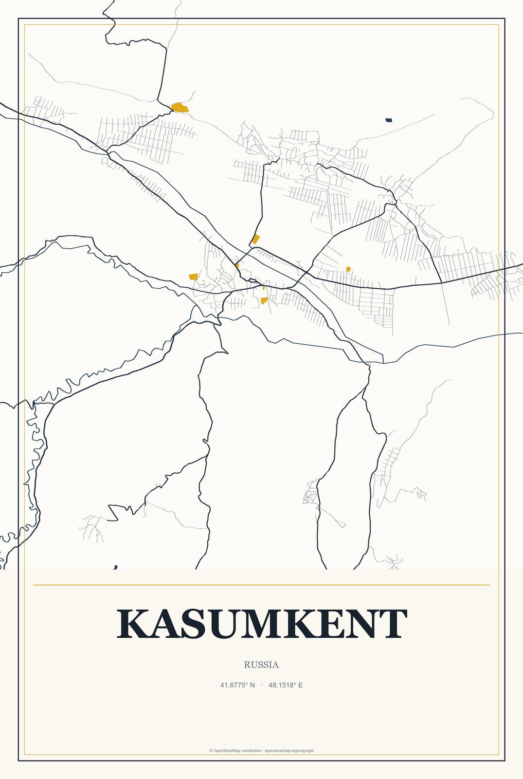 Kasumkent, Russia City Map Aluminum Sign in Citrine Modern style