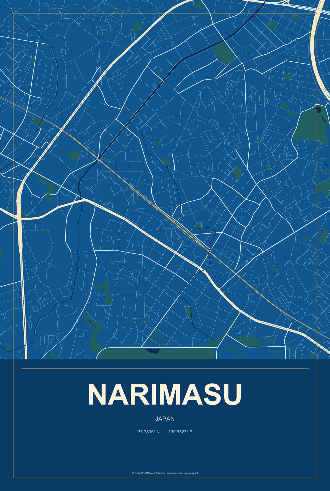 Narimasu, Japan City Map Aluminum Sign in Harbor Cobalt style