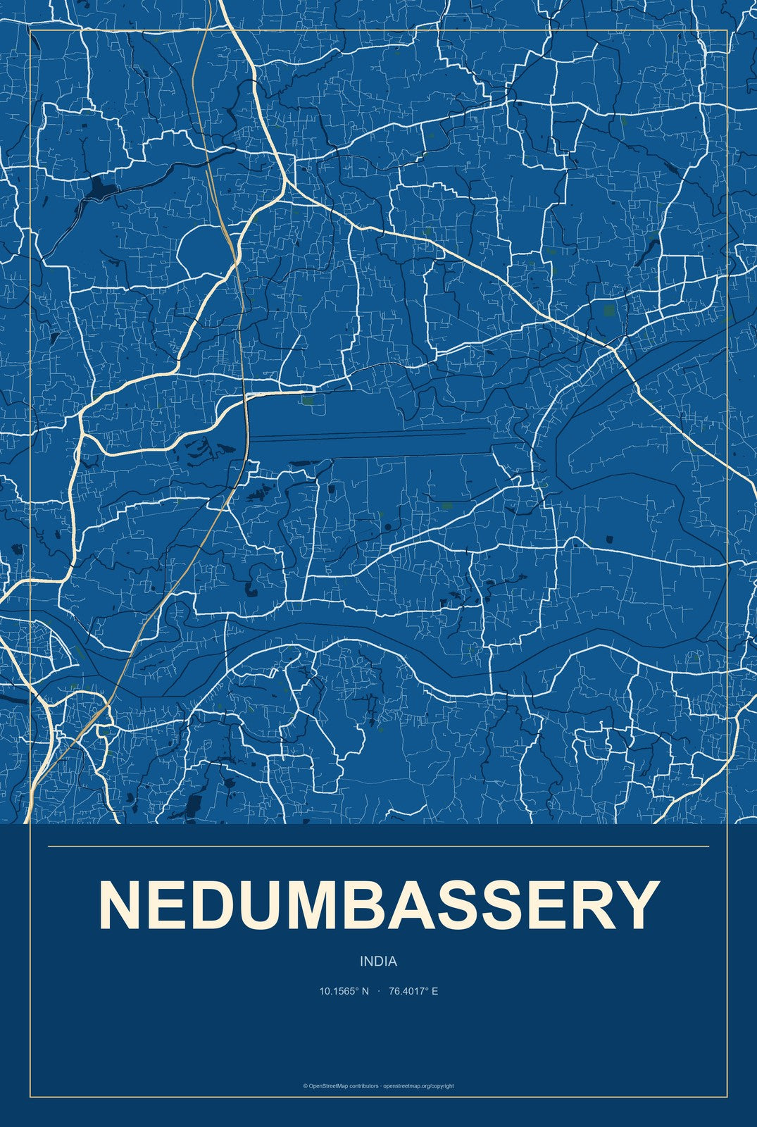 Nedumbassery, India City Map Aluminum Sign in Harbor Cobalt style