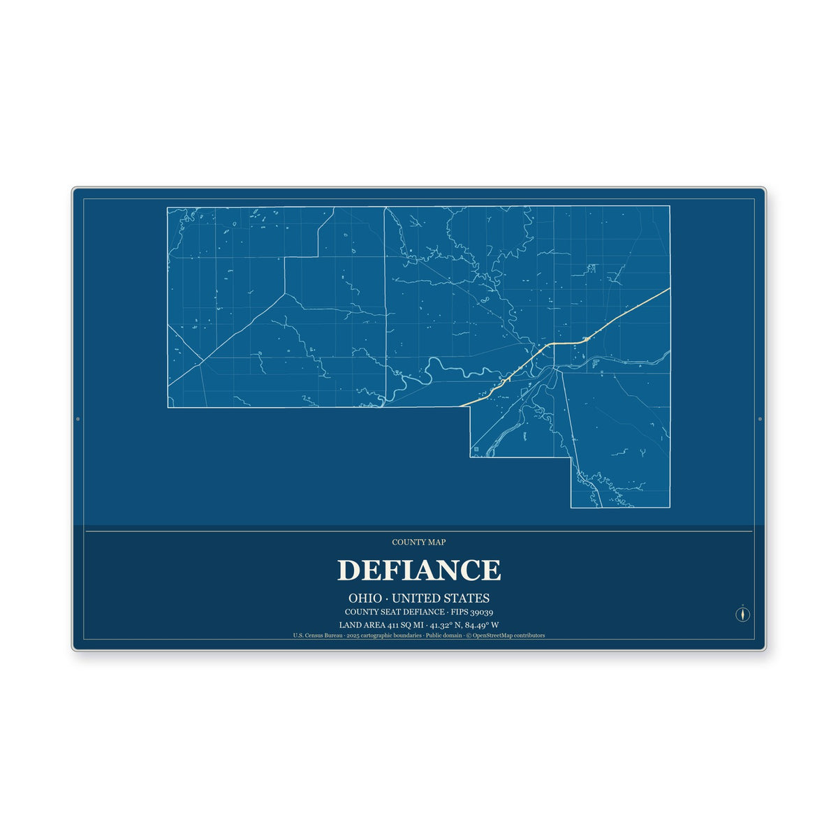 Defiance County, Ohio Map Aluminum Sign in Harbor Cobalt style