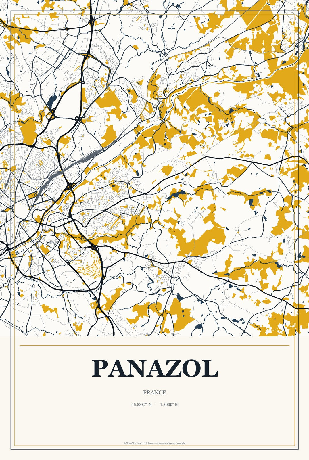 Panazol, France City Map Aluminum Sign in Citrine Modern style
