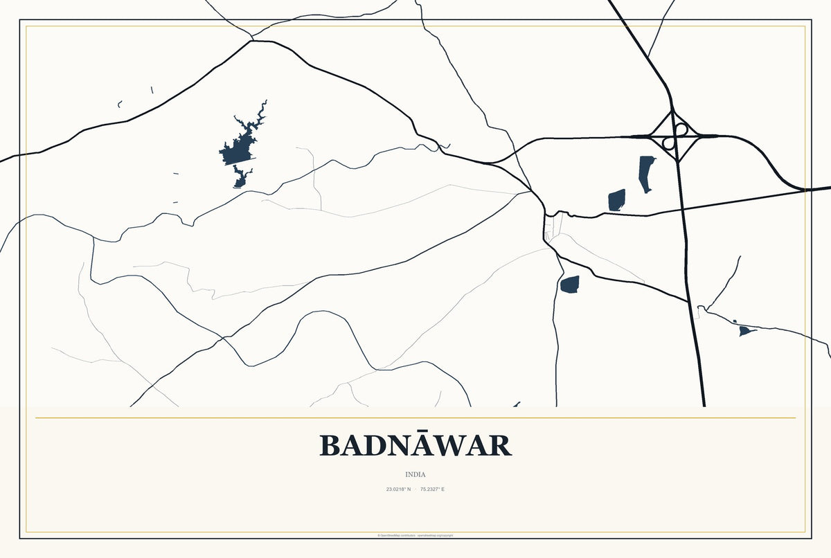 Badnāwar, India City Map Aluminum Sign in Citrine Modern style
