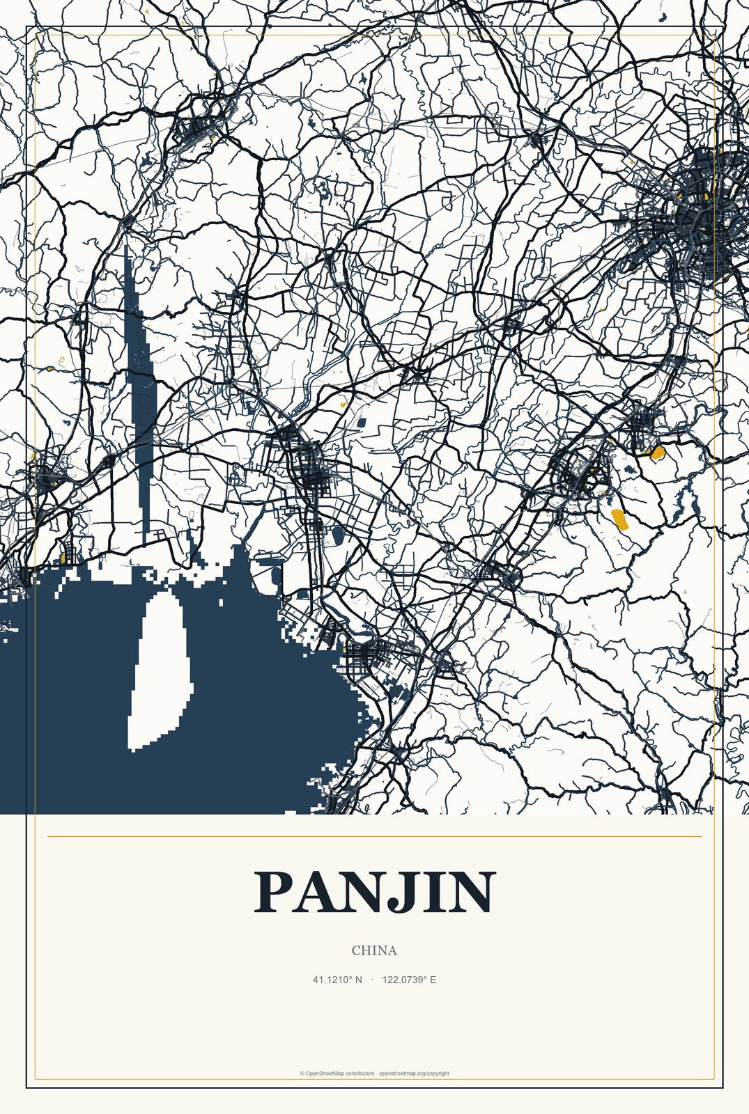 Panjin, China City Map Aluminum Sign in Citrine Modern style