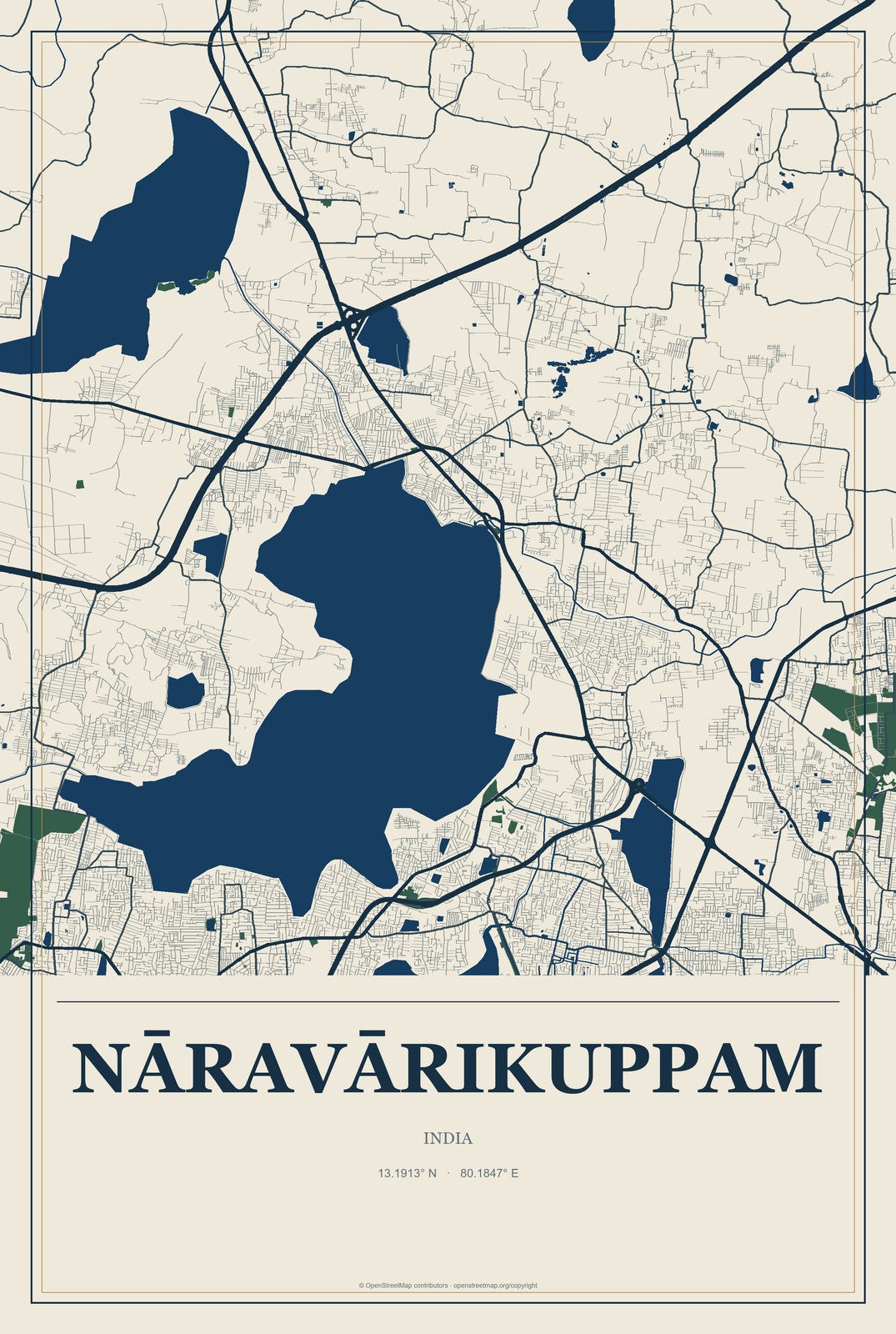 Nāravārikuppam, India City Map Aluminum Sign in Coastal Cutout style