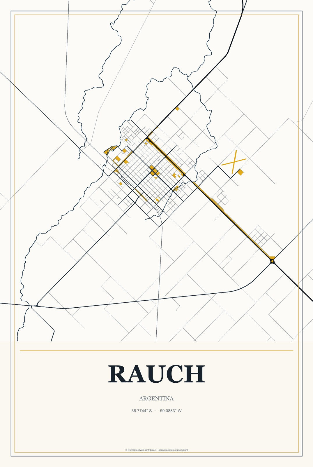 Rauch, Argentina City Map Aluminum Sign in Citrine Modern style