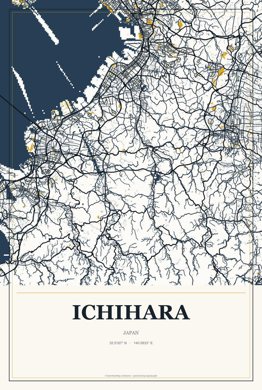 Ichihara, Japan City Map Aluminum Sign in Citrine Modern style