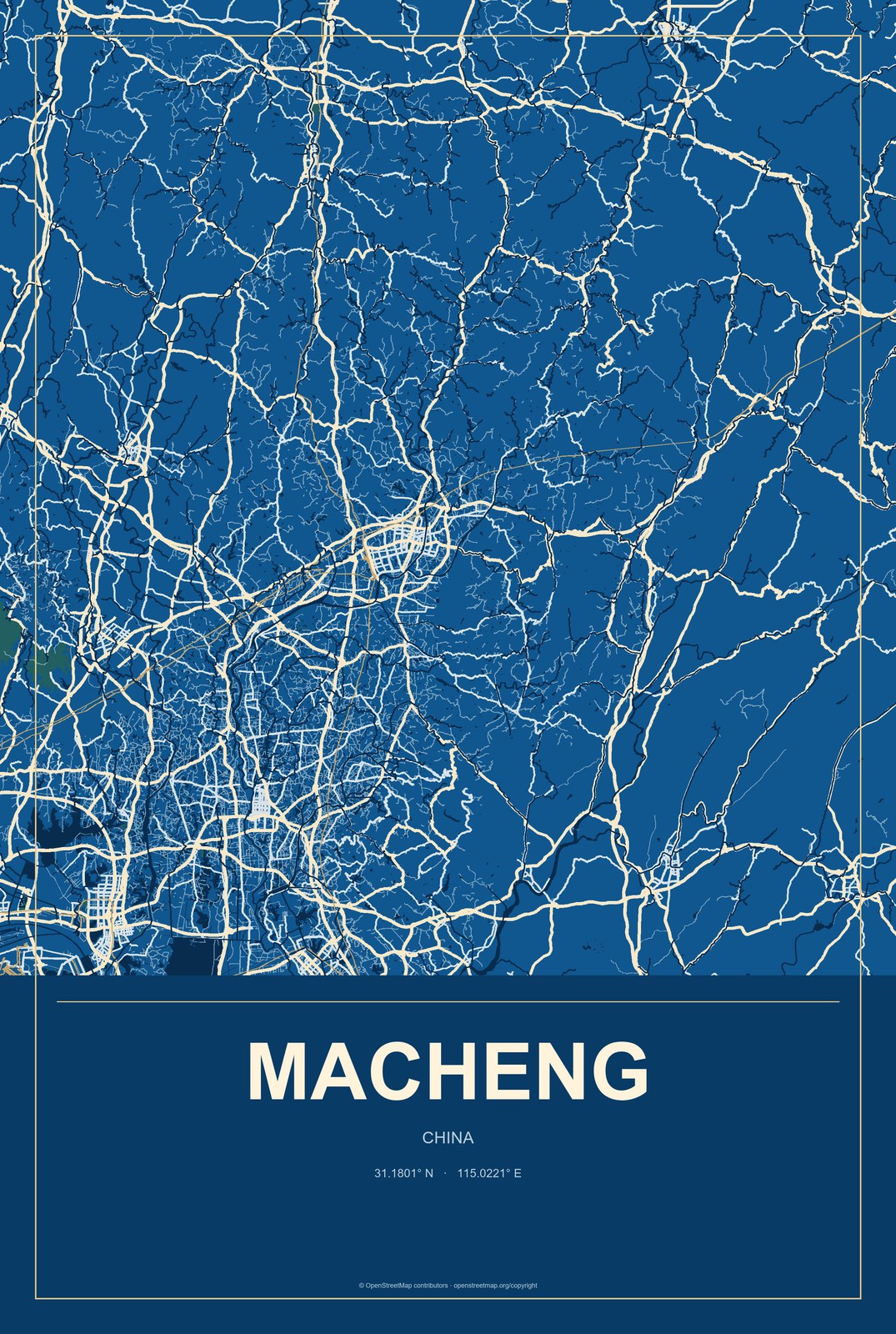 Macheng, China City Map Aluminum Sign in Harbor Cobalt style