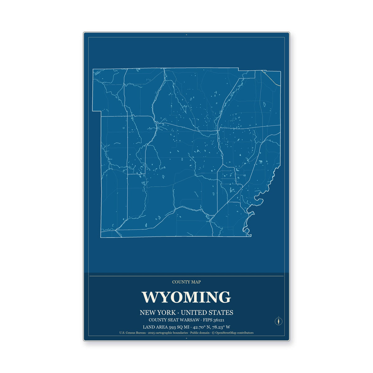 Wyoming County, New York Map Aluminum Sign in Harbor Cobalt style