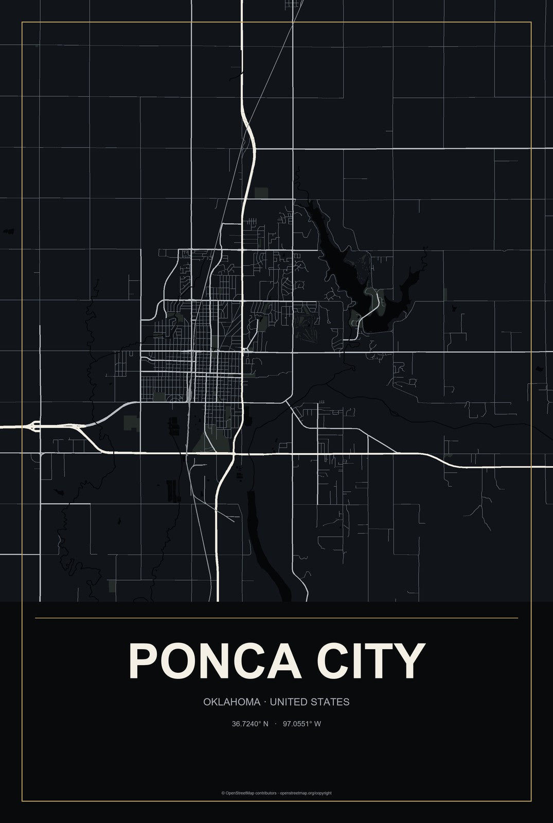 Ponca City, Oklahoma City Map Aluminum Sign in Metropolitan Noir style
