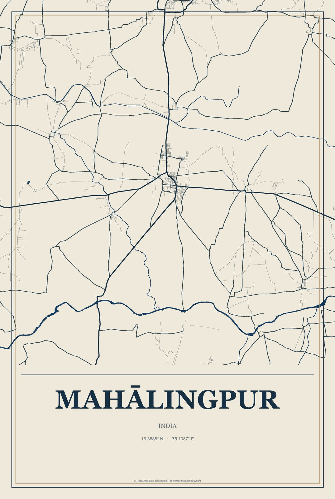 Mahālingpur, India City Map Aluminum Sign in Coastal Cutout style