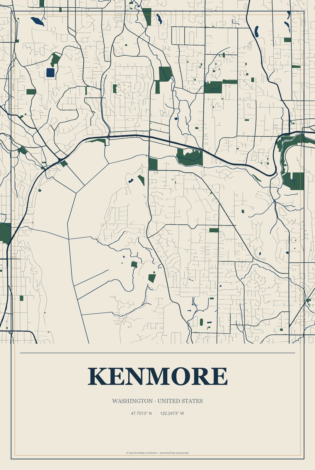 Kenmore, Washington City Map Aluminum Sign in Coastal Cutout style