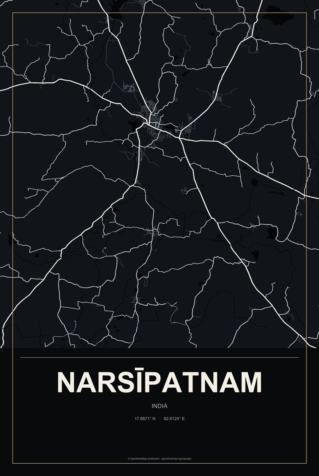 Narsīpatnam, India City Map Aluminum Sign in Metropolitan Noir style
