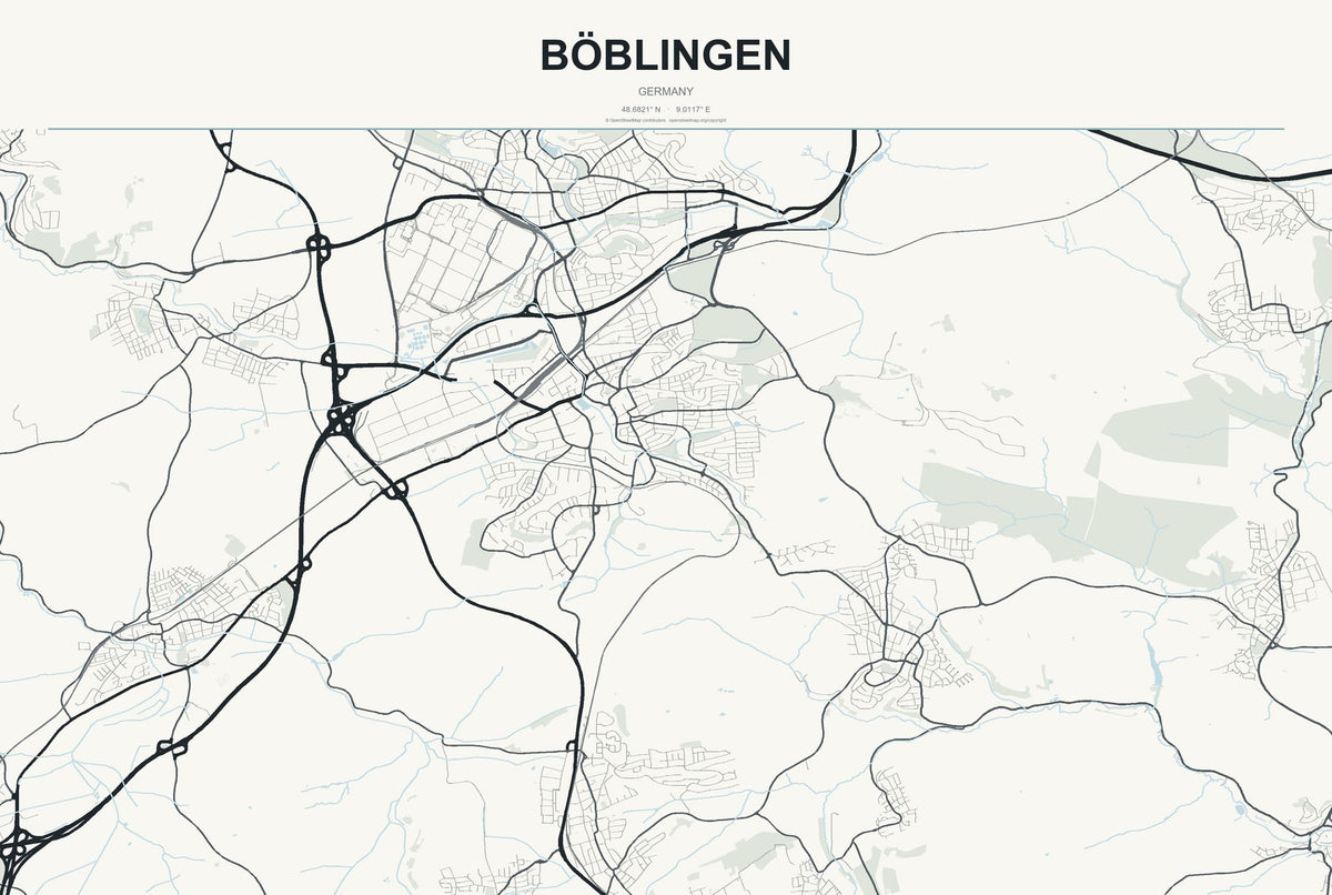 Böblingen, Germany City Map Aluminum Sign in Headline Atlas style