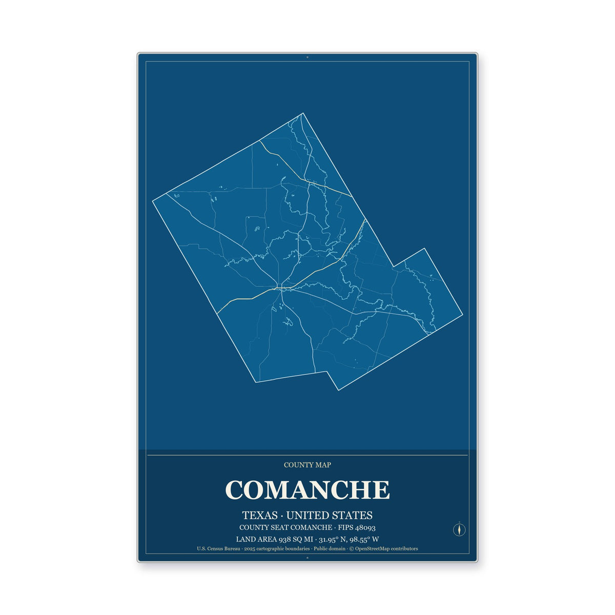 Comanche County, Texas Map Aluminum Sign in Harbor Cobalt style