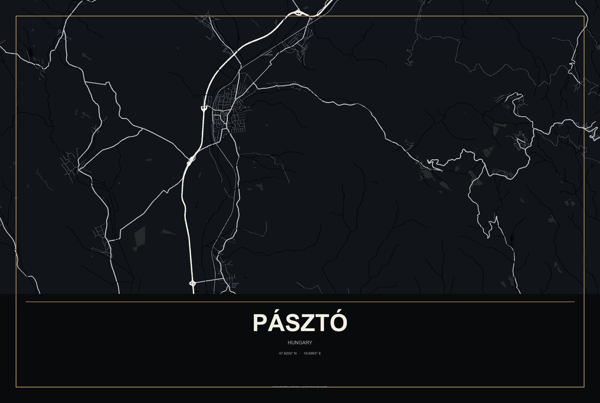 Pásztó, Hungary City Map Aluminum Sign in Metropolitan Noir style