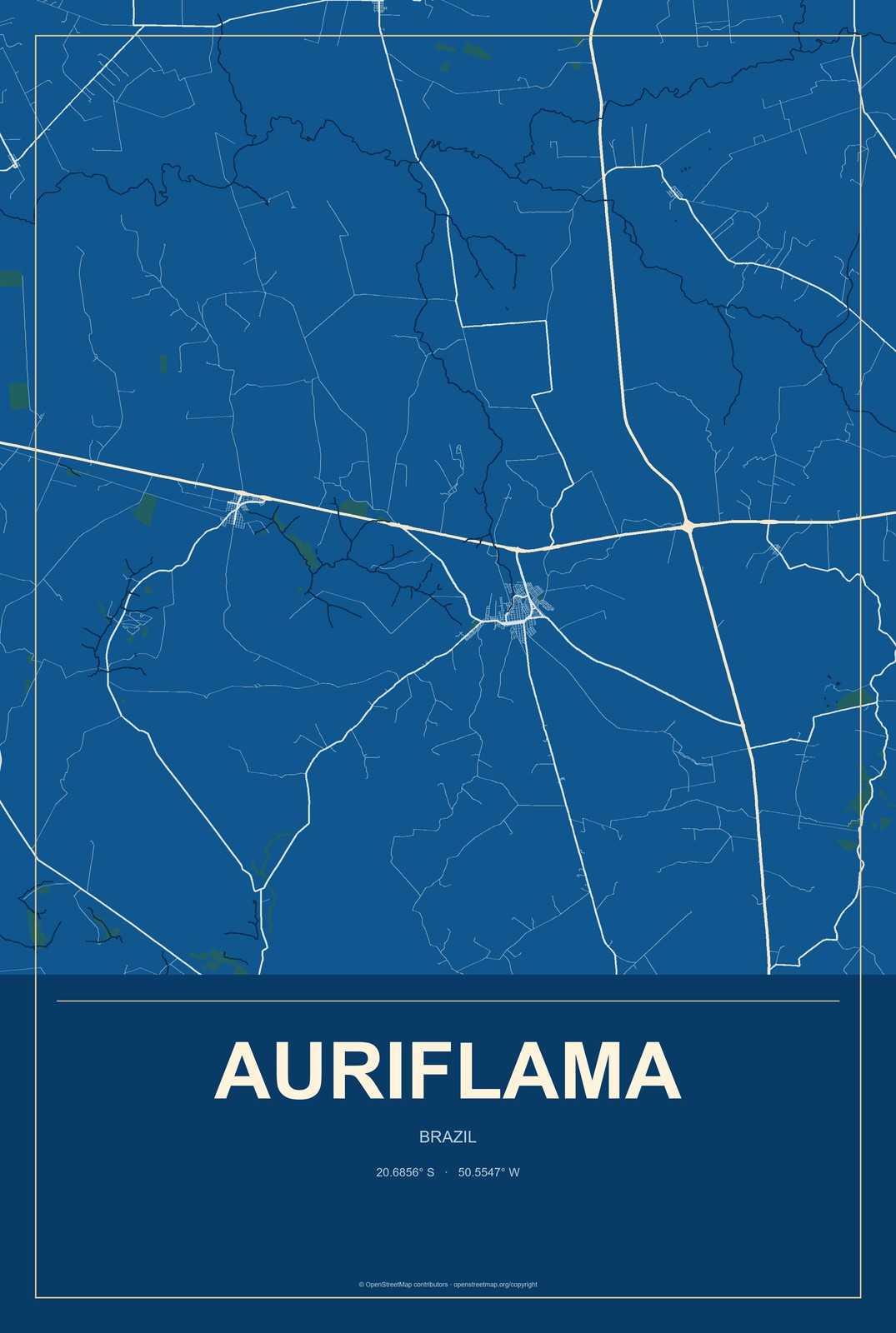 Auriflama, Brazil City Map Aluminum Sign in Harbor Cobalt style