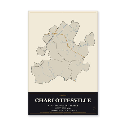Charlottesville city, Virginia Map Aluminum Sign in Museum Plaque style