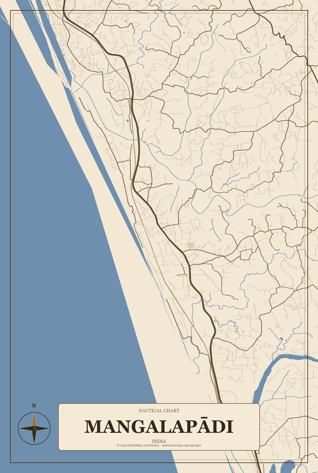 Mangalapādi, India City Map Aluminum Sign in Heritage Nautical style