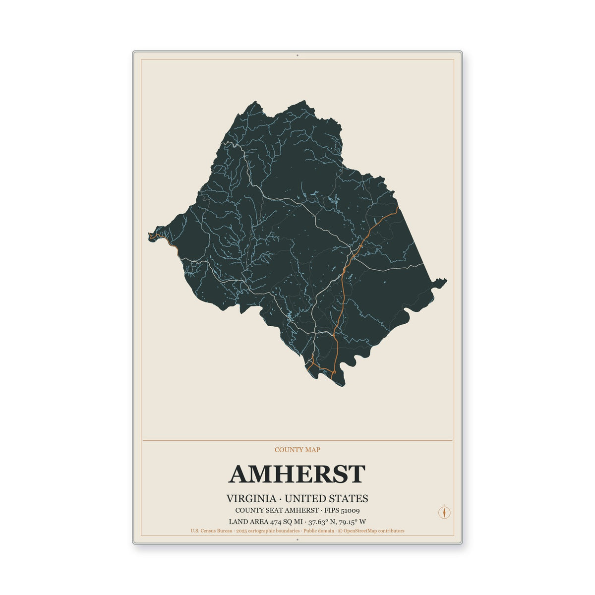 Amherst County, Virginia Map Aluminum Sign in Headline Atlas style