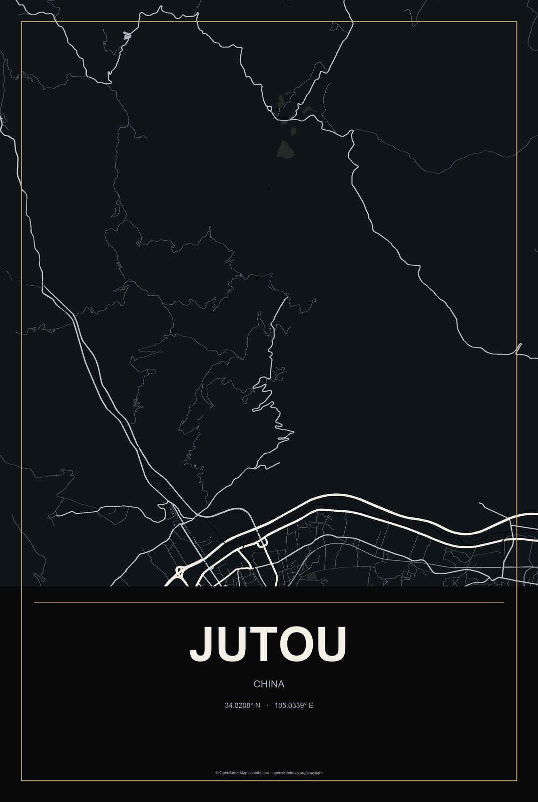 Jutou, China City Map Aluminum Sign in Metropolitan Noir style