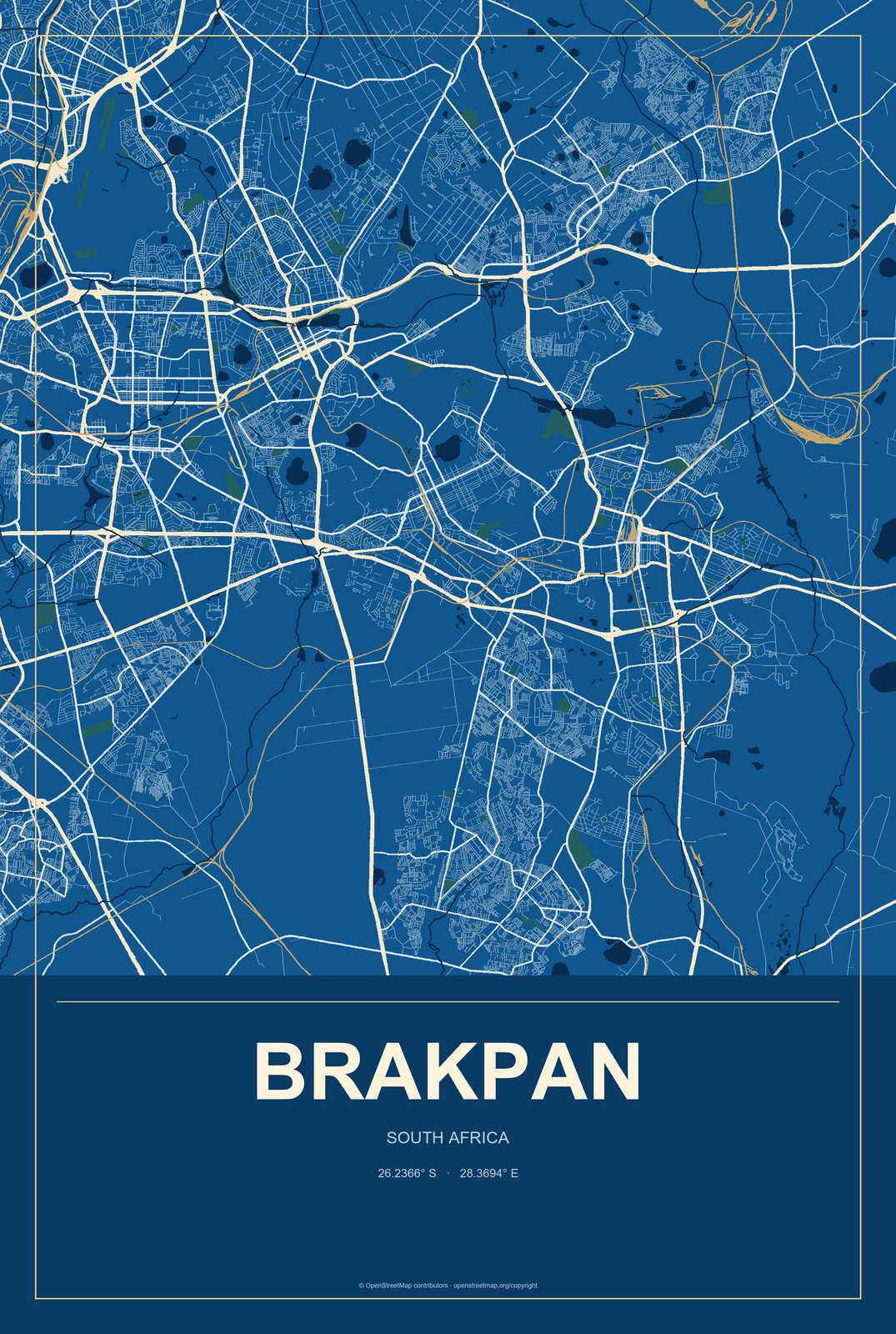 Brakpan, South Africa City Map Aluminum Sign in Harbor Cobalt style