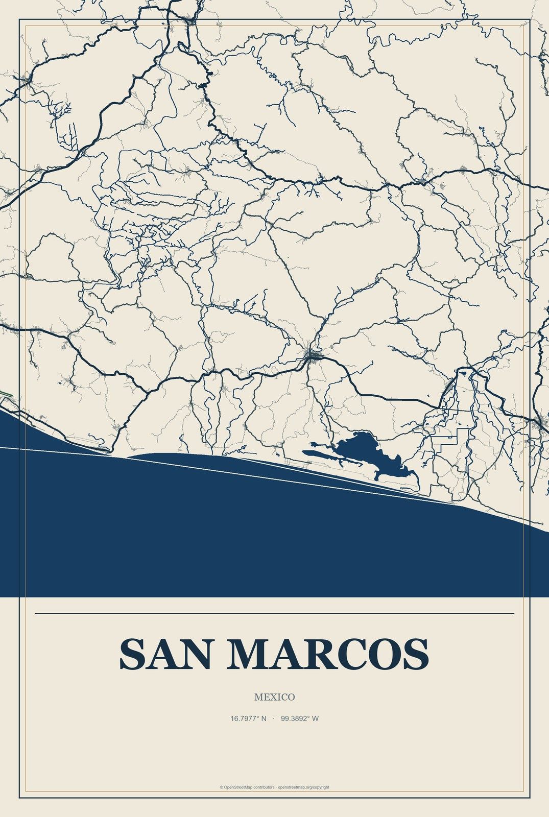 San Marcos, Hidalgo, Mexico City Map Aluminum Sign in Coastal Cutout style