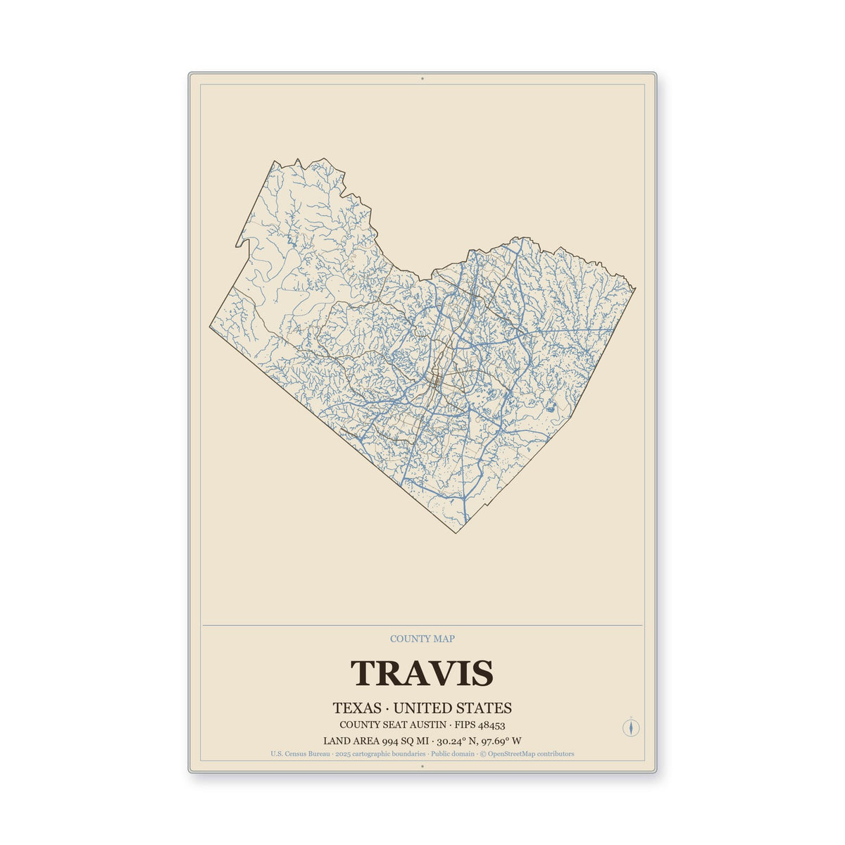 Travis County, Texas Map Aluminum Sign in Heritage Nautical style