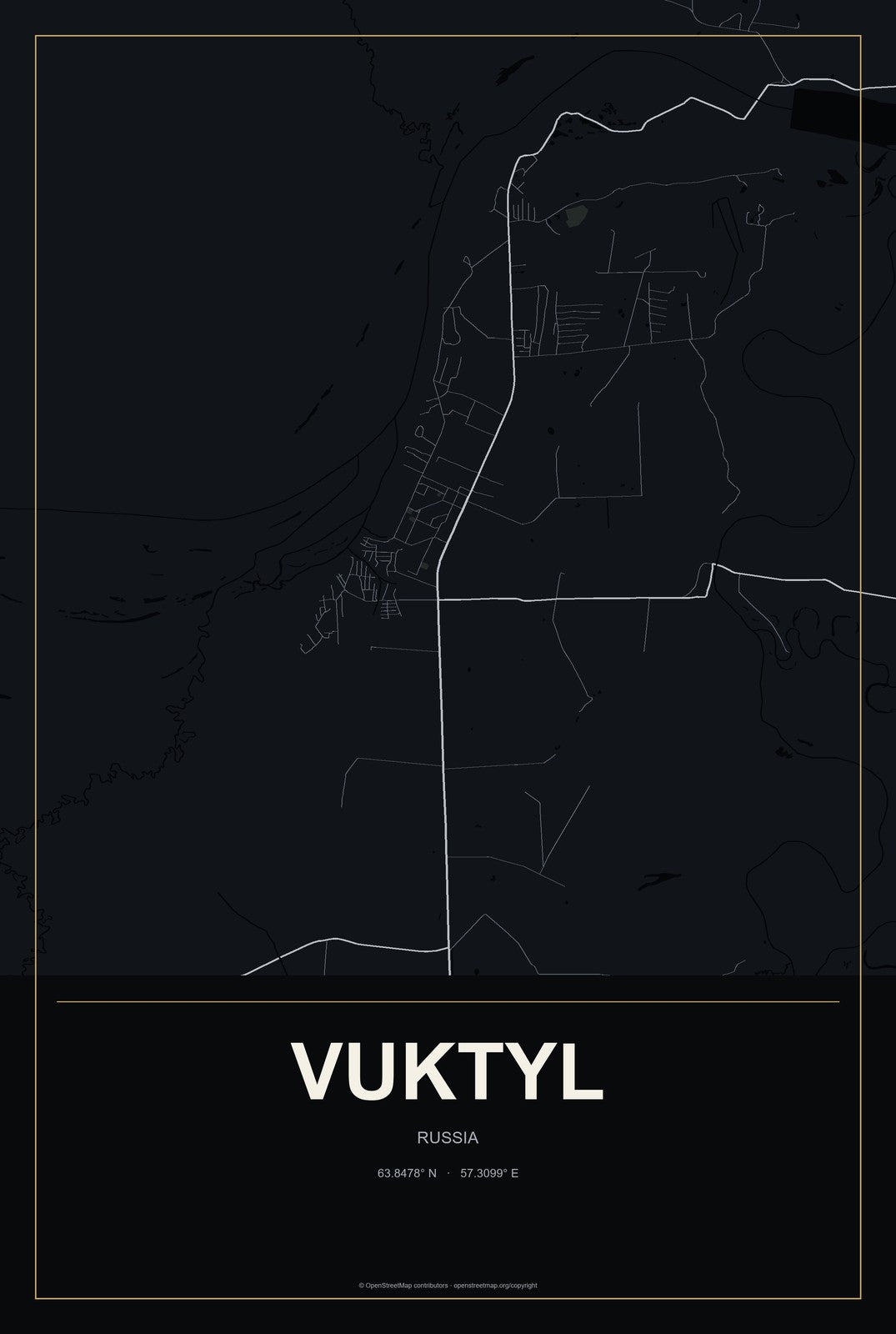 Vuktyl, Russia City Map Aluminum Sign in Metropolitan Noir style