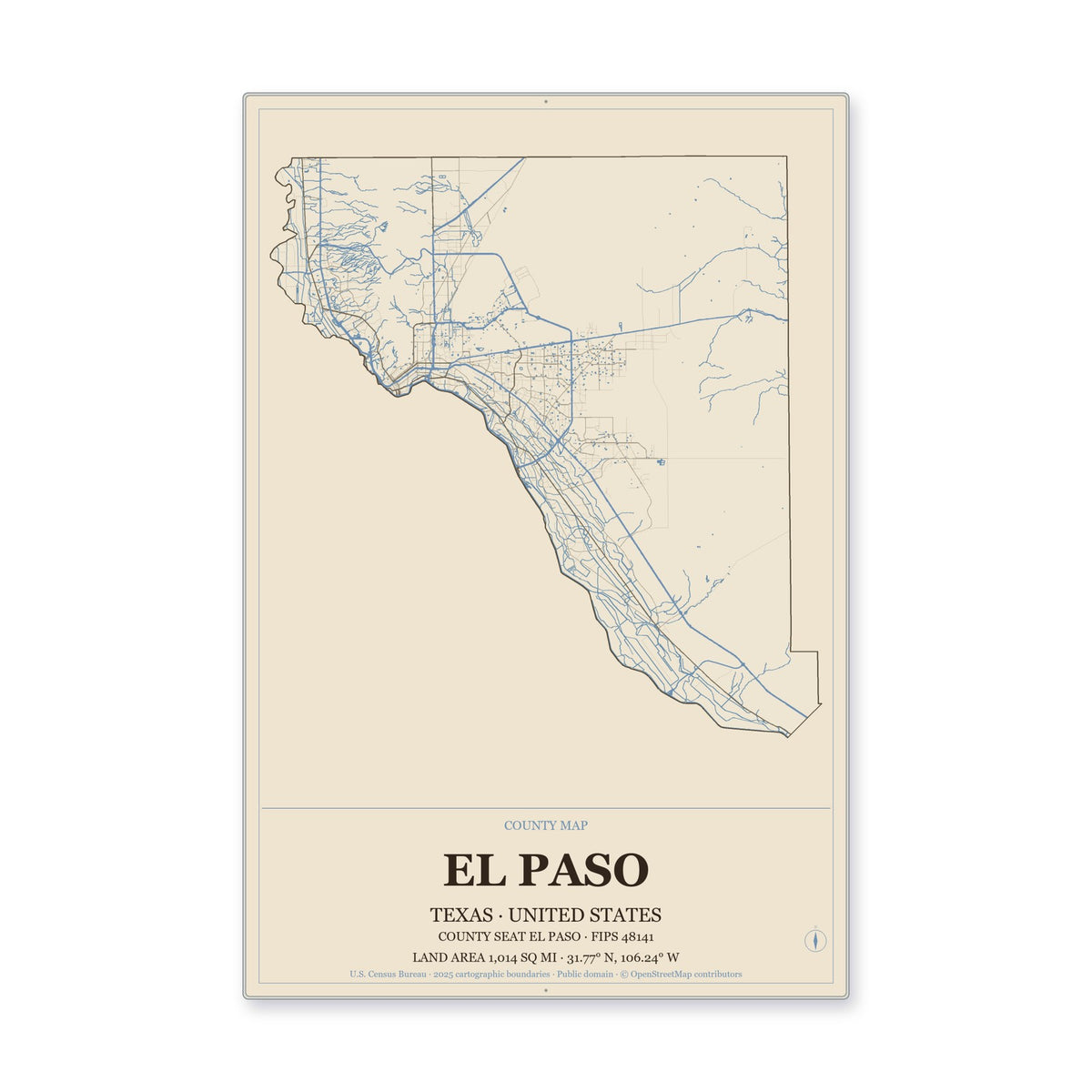 El Paso County, Texas Map Aluminum Sign in Heritage Nautical style