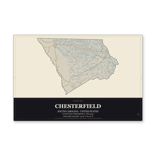 Chesterfield County, South Carolina Map Aluminum Sign in Museum Plaque style