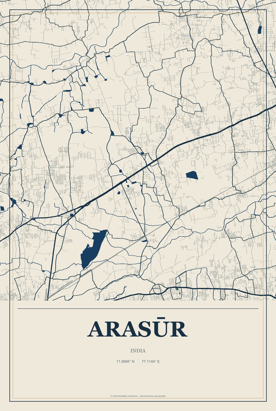 Arasūr, India City Map Aluminum Sign in Coastal Cutout style