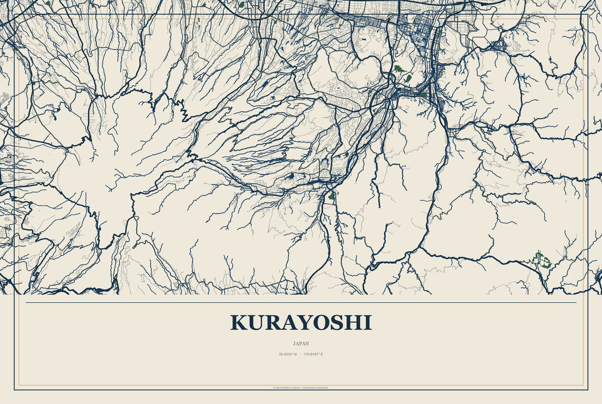 Kurayoshi, Japan City Map Aluminum Sign in Coastal Cutout style