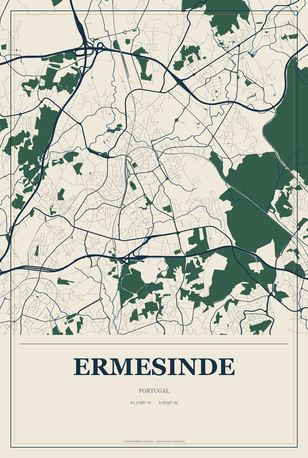 Ermesinde, Portugal City Map Aluminum Sign in Coastal Cutout style