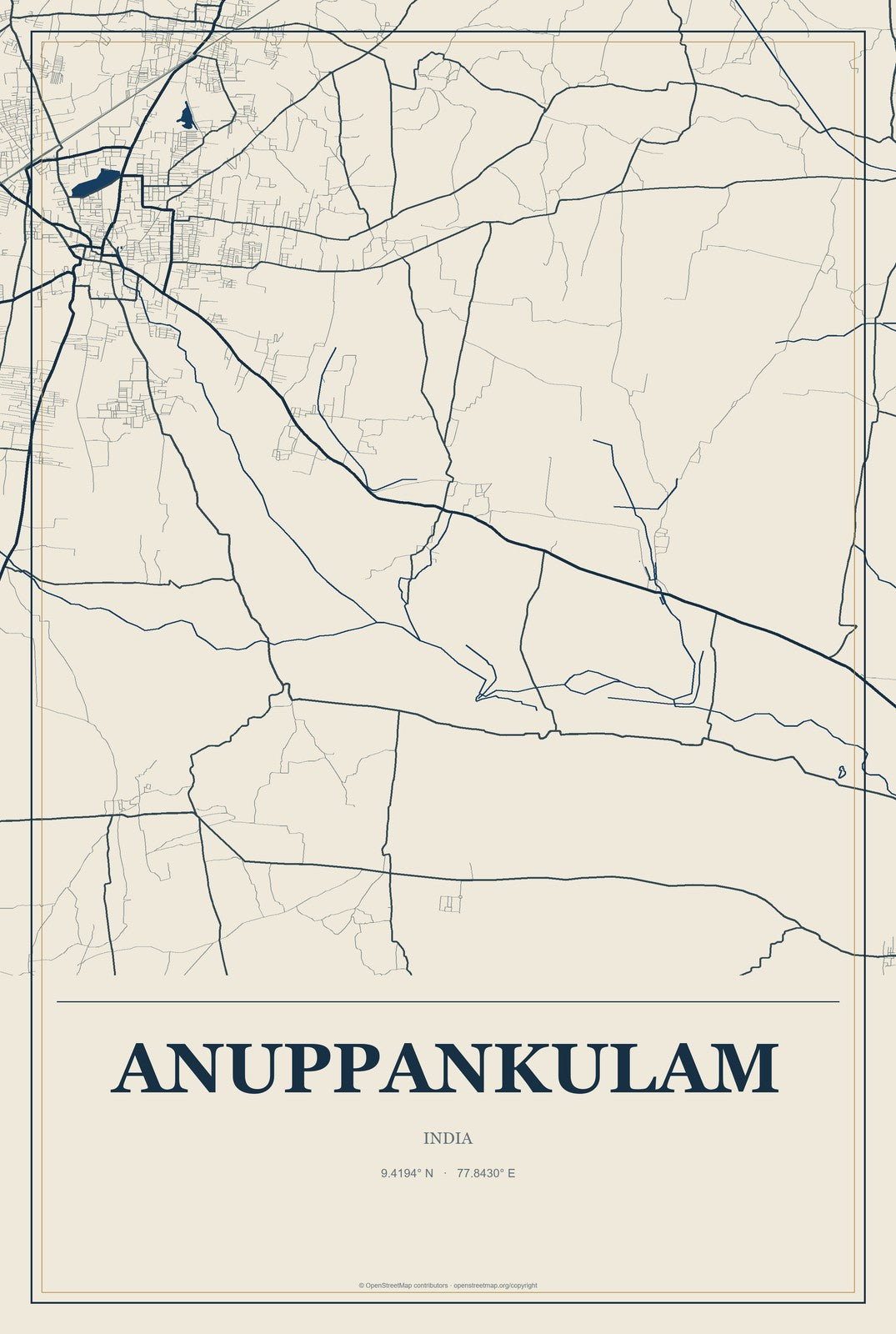 Anuppankulam, India City Map Aluminum Sign in Coastal Cutout style