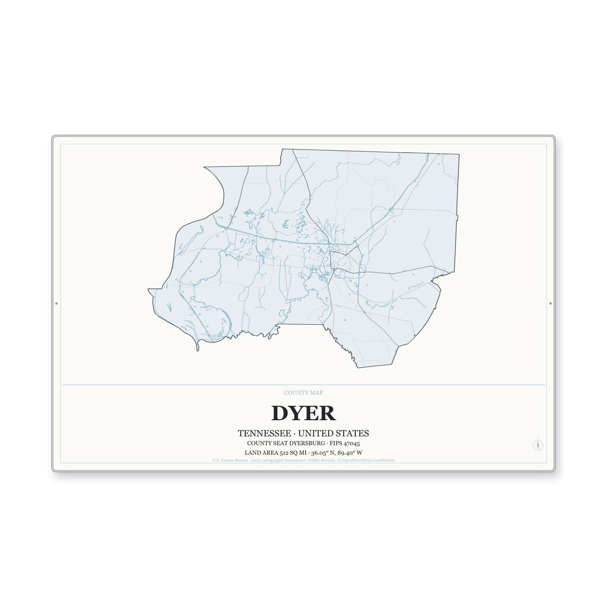 Dyer County, Tennessee Map Aluminum Sign in Gallery Air style