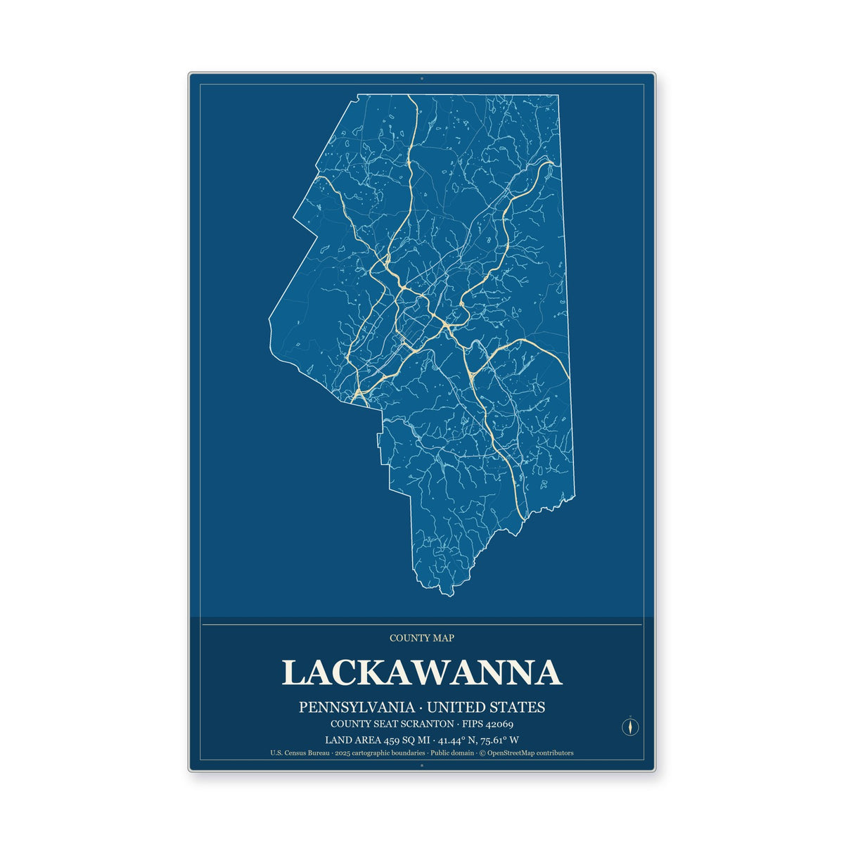 Lackawanna County, Pennsylvania Map Aluminum Sign in Harbor Cobalt style