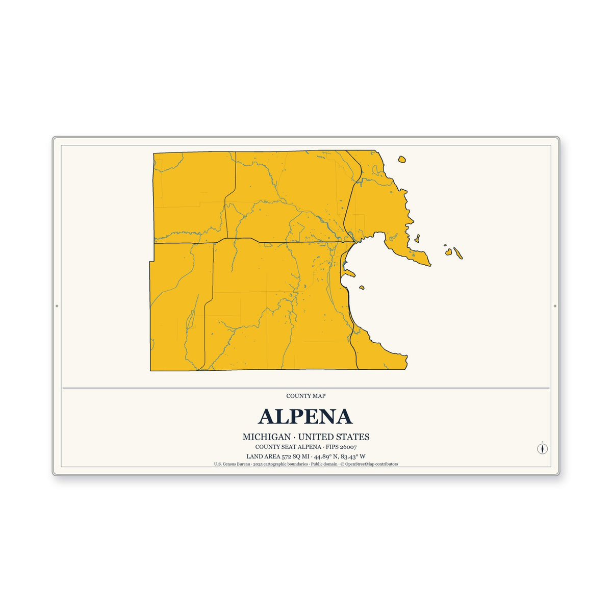 Alpena County, Michigan Map Aluminum Sign in Citrine Modern style