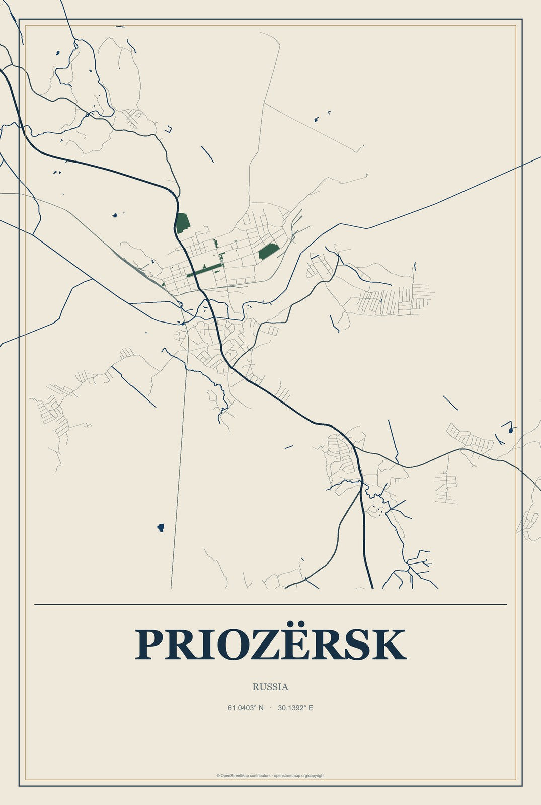 Priozërsk, Russia City Map Aluminum Sign in Coastal Cutout style