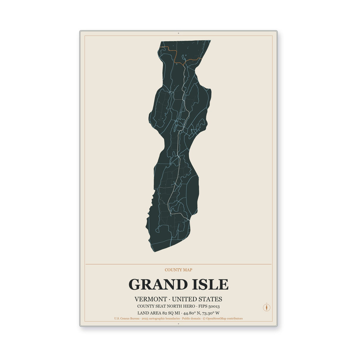 Grand Isle County, Vermont Map Aluminum Sign in Headline Atlas style