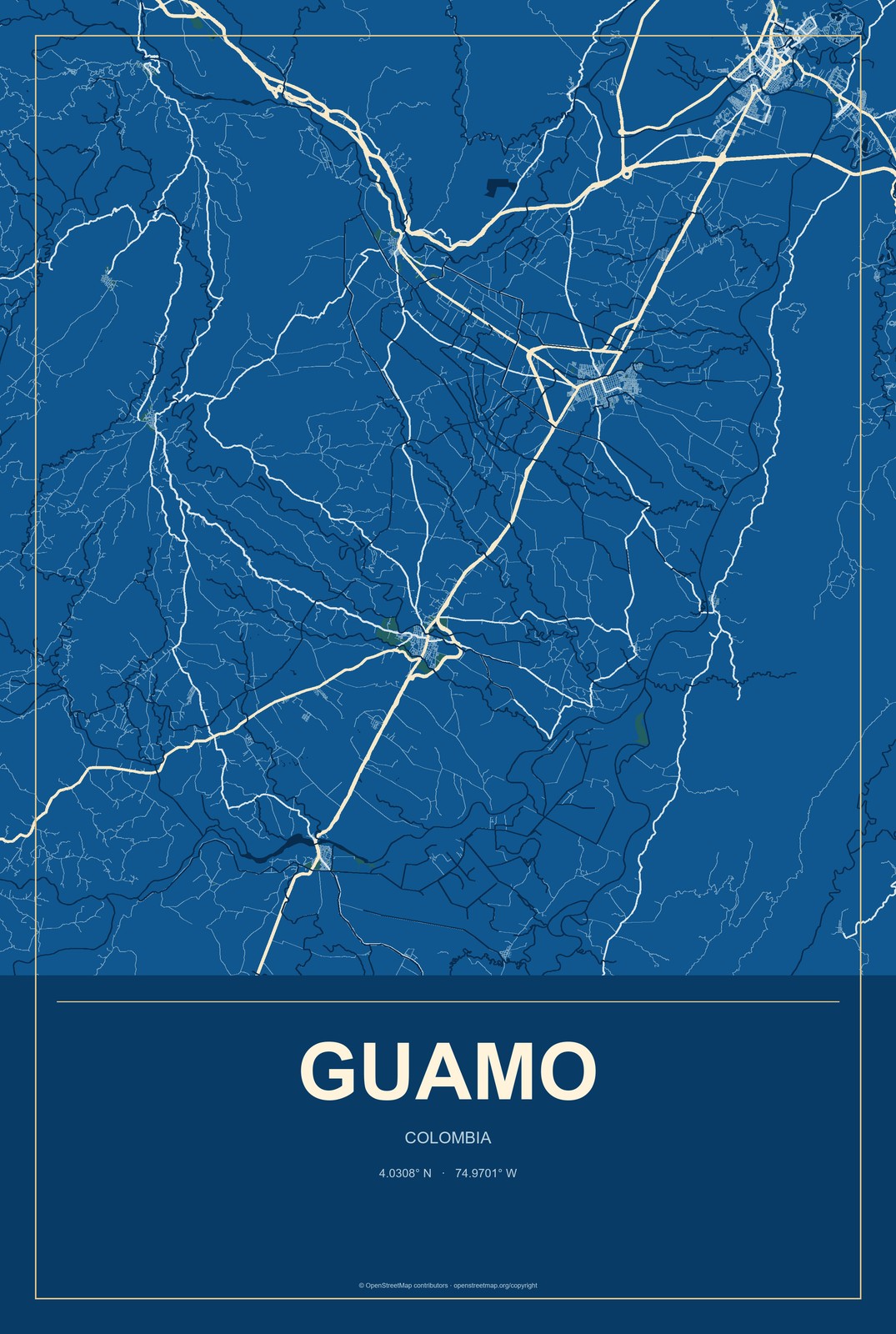 Guamo, Colombia City Map Aluminum Sign in Harbor Cobalt style
