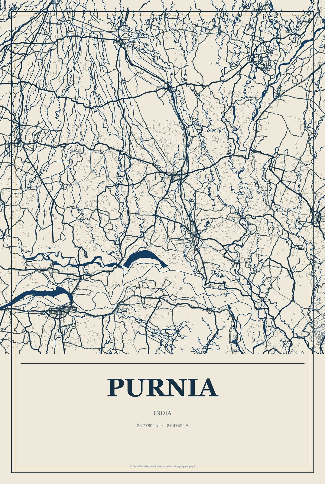 Purnia, India City Map Aluminum Sign in Coastal Cutout style