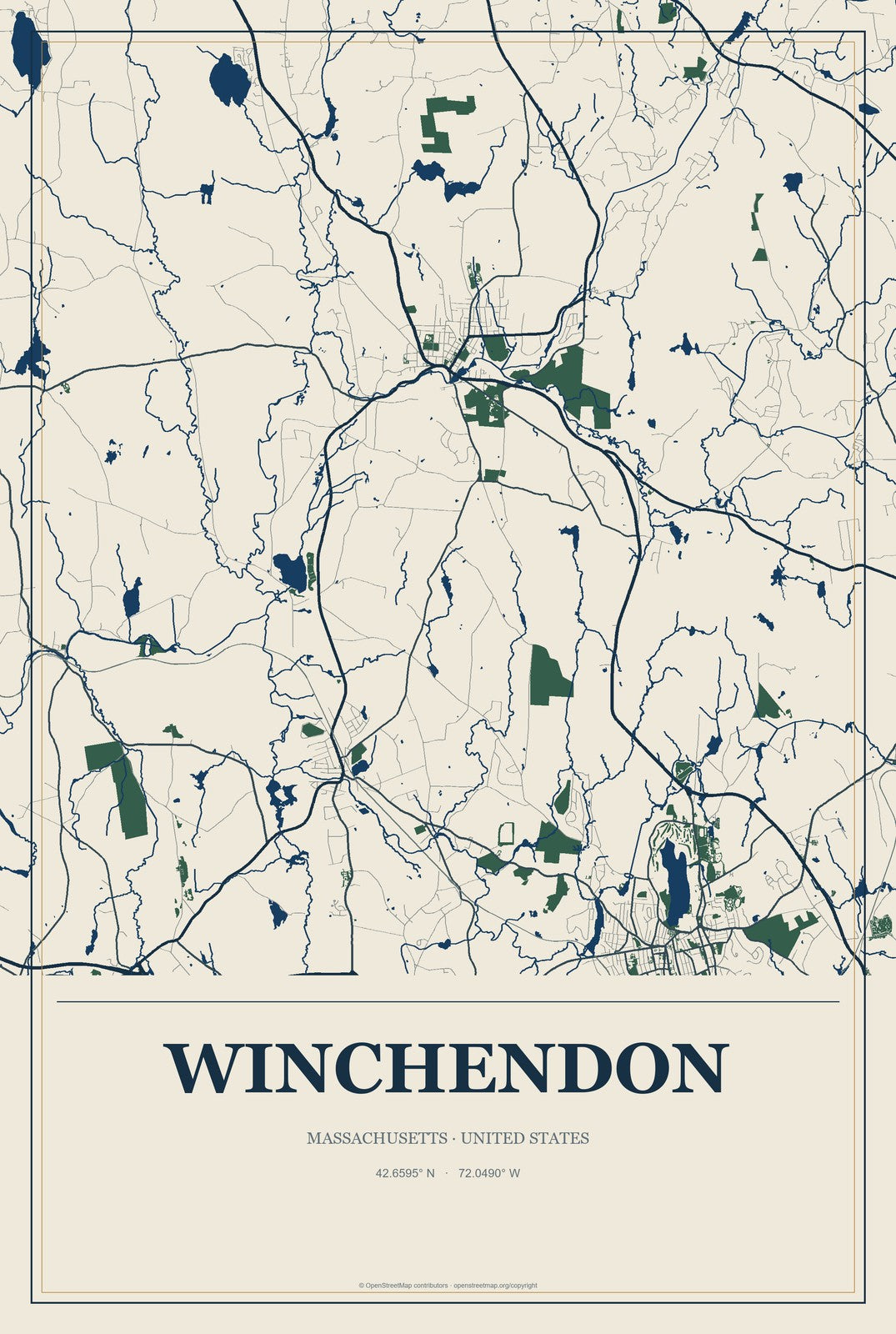 Winchendon, Massachusetts City Map Aluminum Sign in Coastal Cutout style