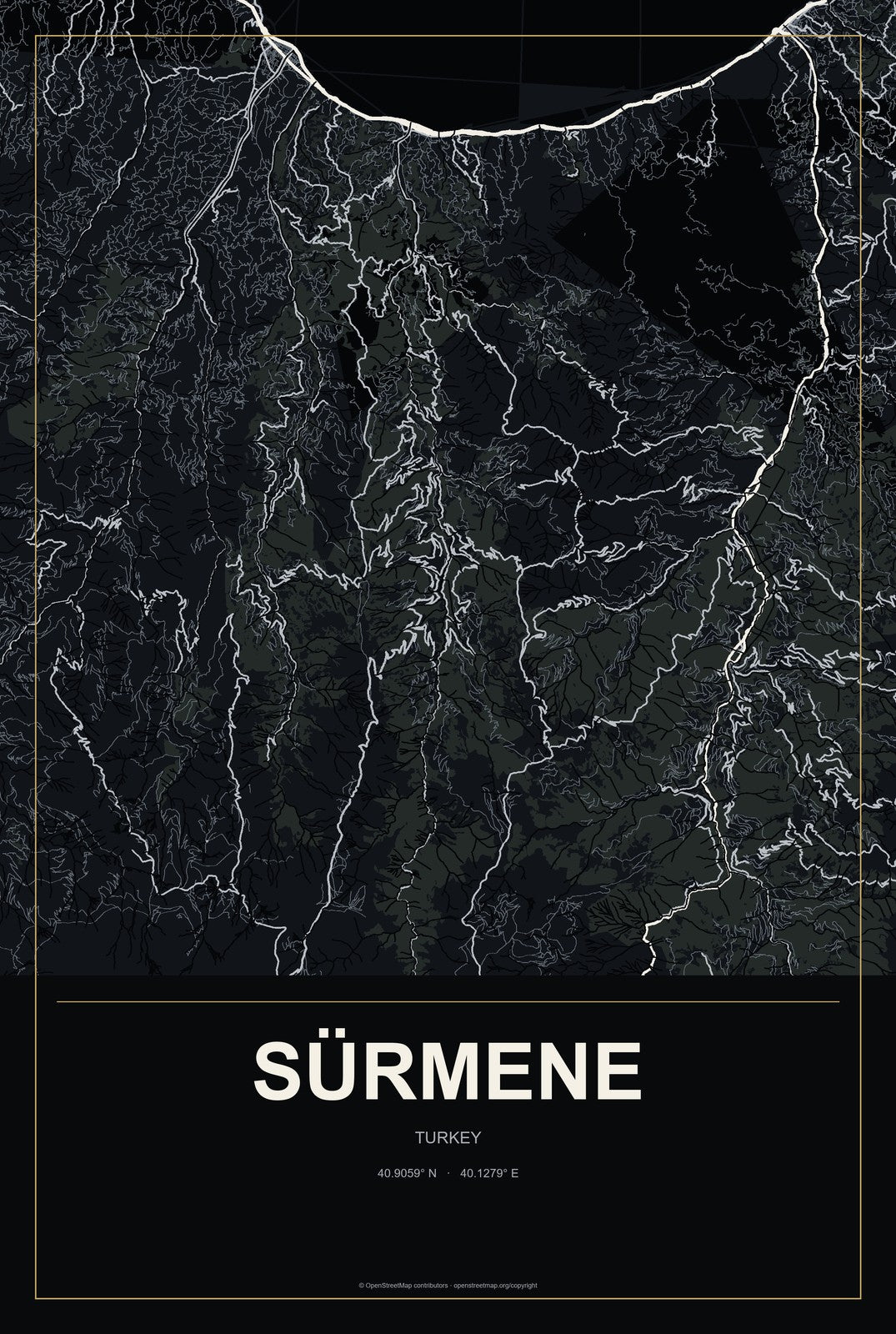 Sürmene, Turkey City Map Aluminum Sign in Metropolitan Noir style