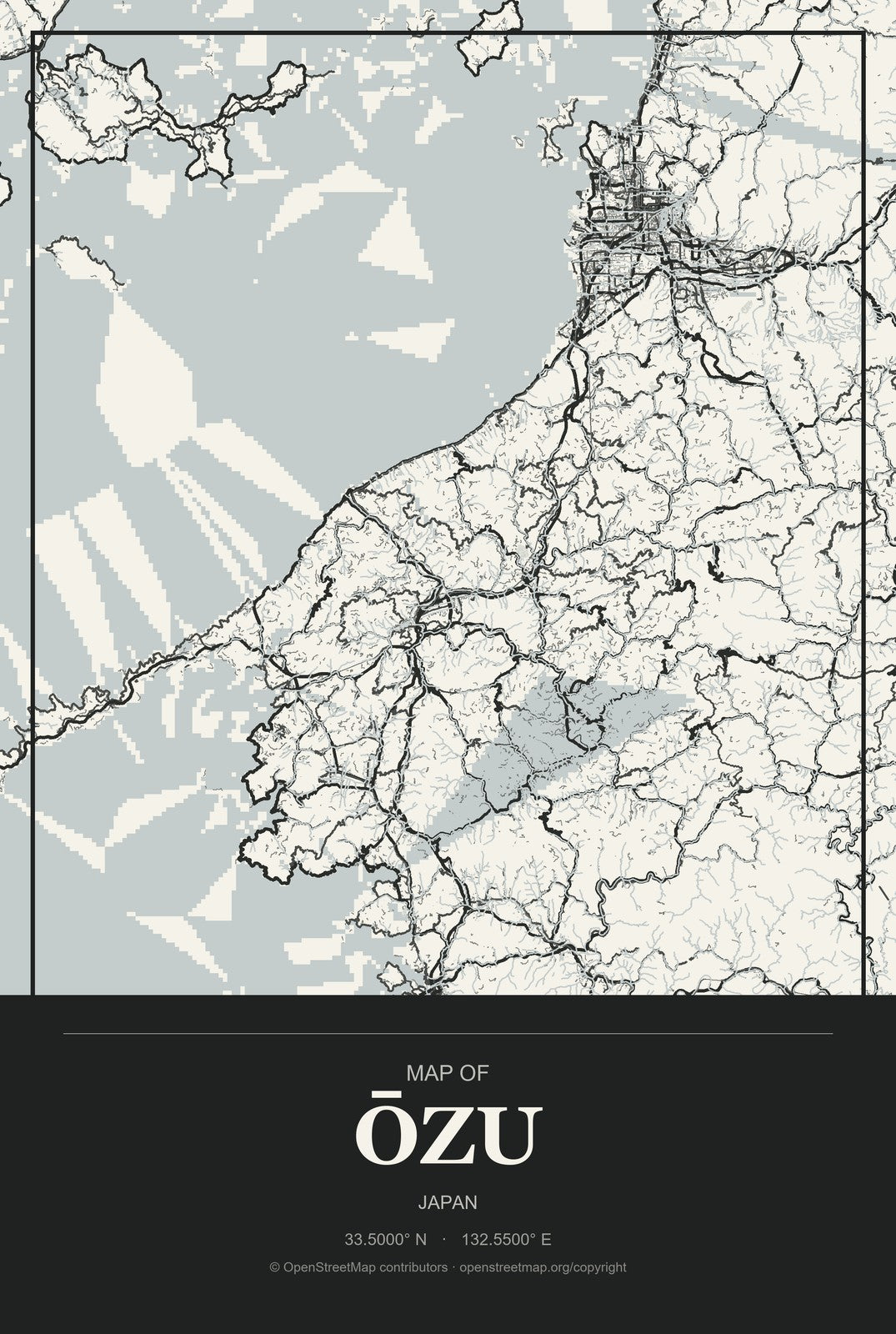 Ōzu, Kumamoto, Japan City Map Aluminum Sign in Museum Plaque style