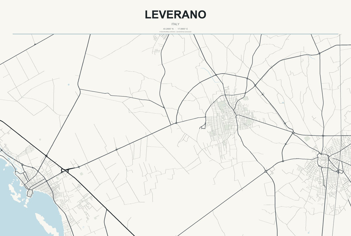 Leverano, Italy City Map Aluminum Sign in Headline Atlas style