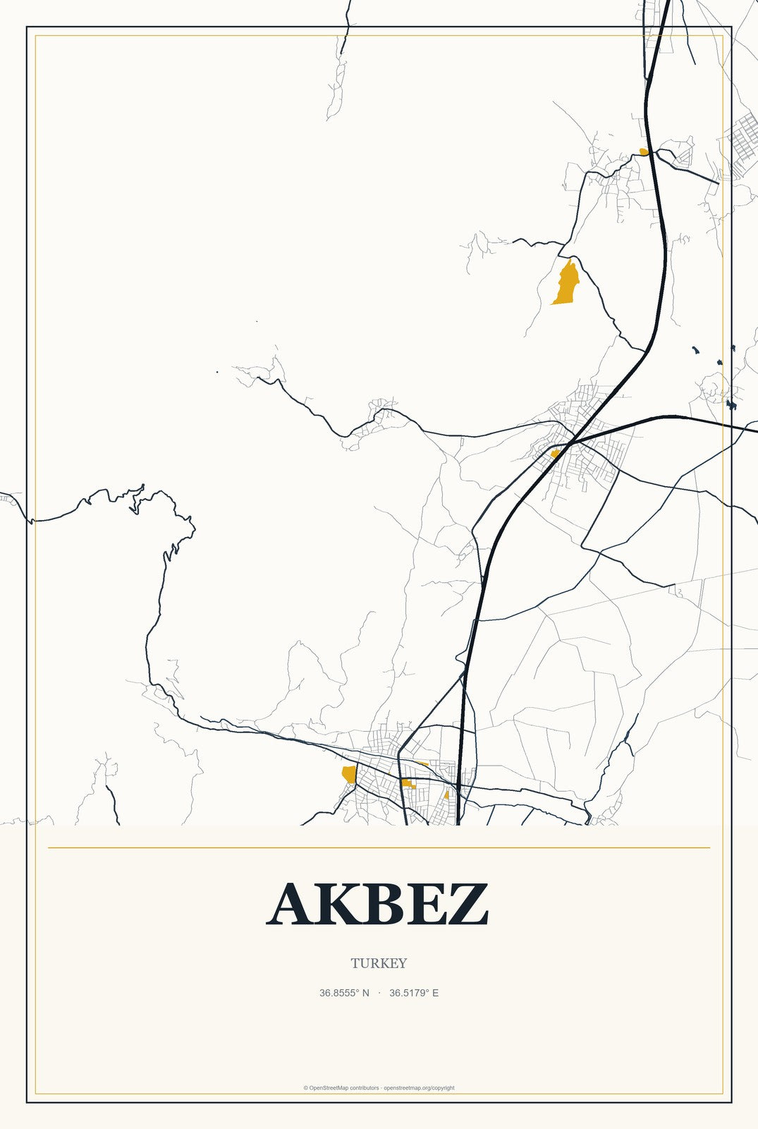Akbez, Turkey City Map Aluminum Sign in Citrine Modern style