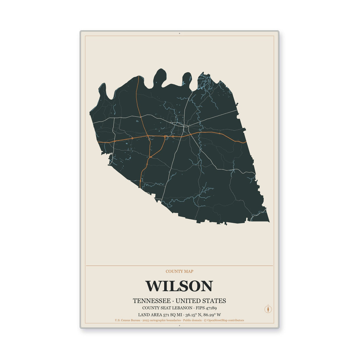 Wilson County, Tennessee Map Aluminum Sign in Headline Atlas style