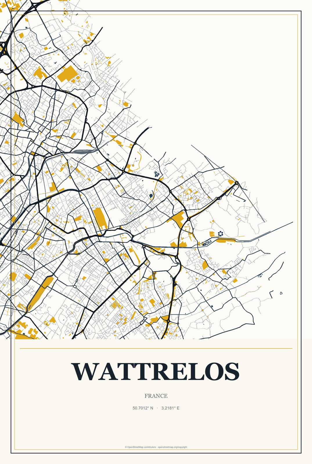 Wattrelos, France City Map Aluminum Sign in Citrine Modern style