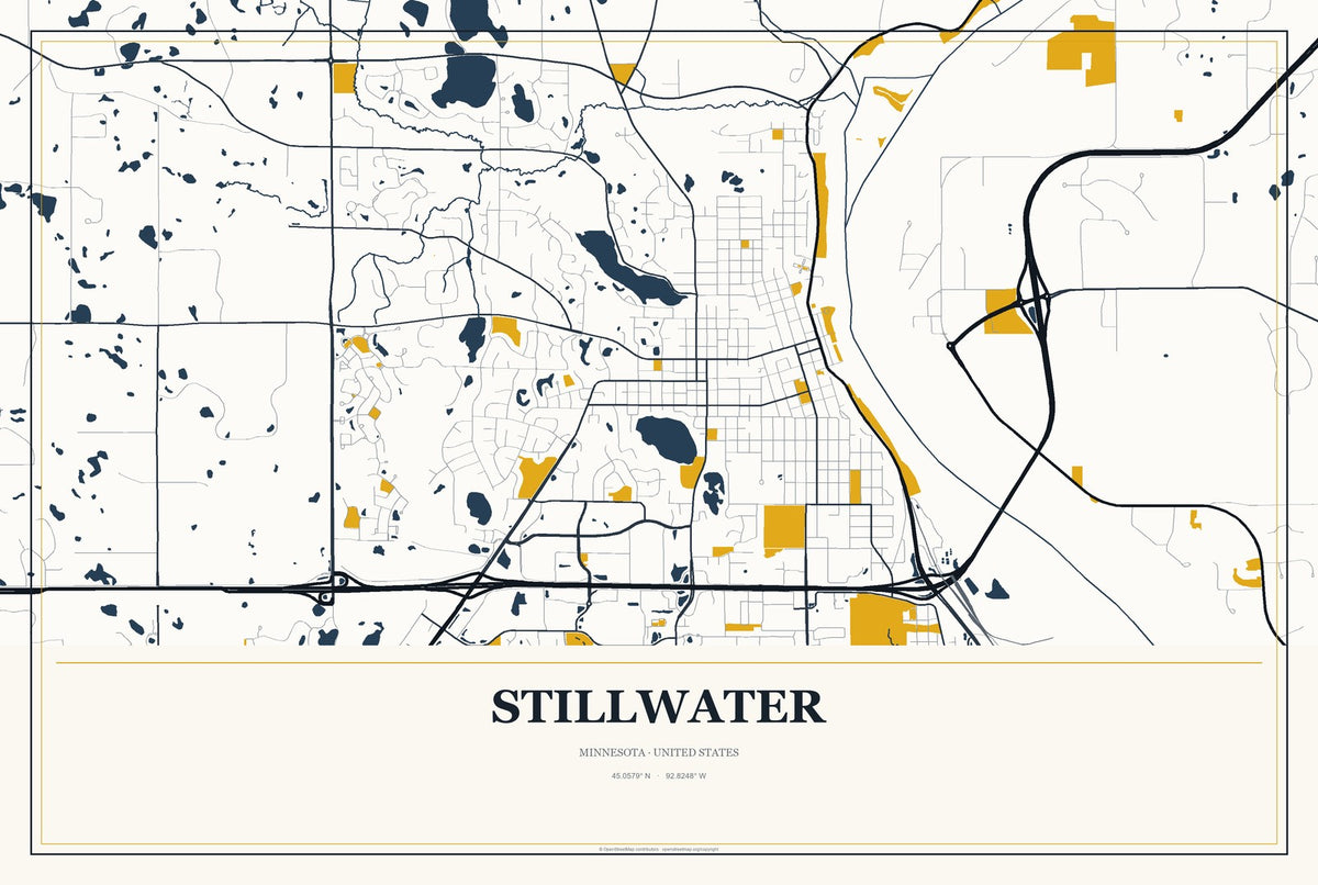 Stillwater, Minnesota City Map Aluminum Sign in Citrine Modern style
