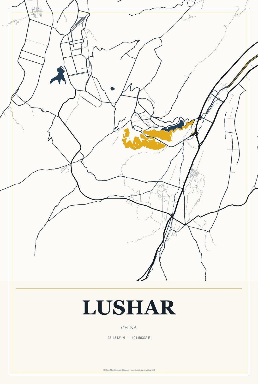 Lushar, China City Map Aluminum Sign in Citrine Modern style